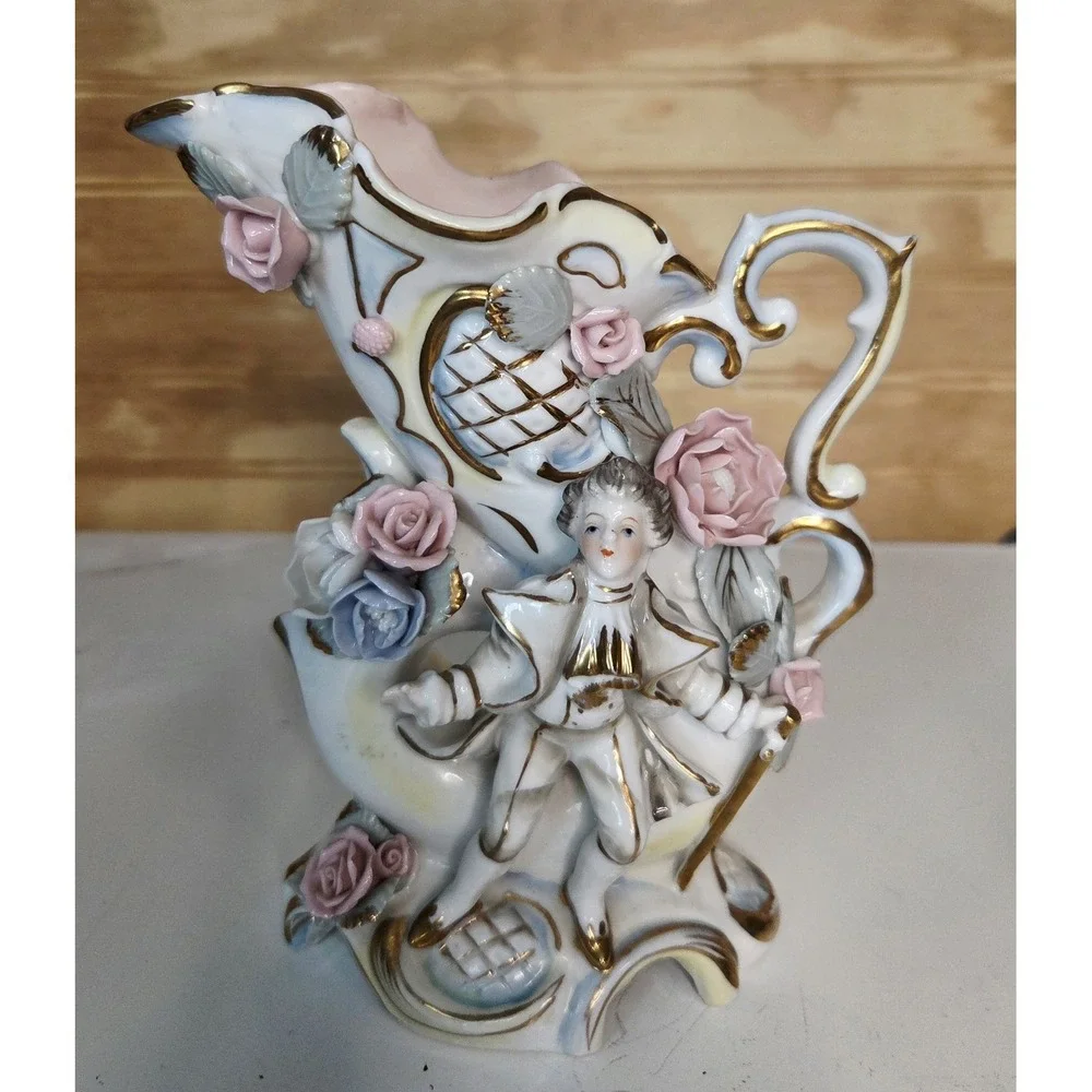 Vintage Ucagco Japan Porcelain‎ Vase Applied Flowers Gold Trim Pitcher Boy Spill